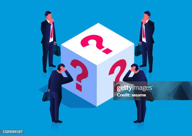guess and doubt, isometric businessman standing and thinking about things inside a box with question marks - interrogation point stock illustrations