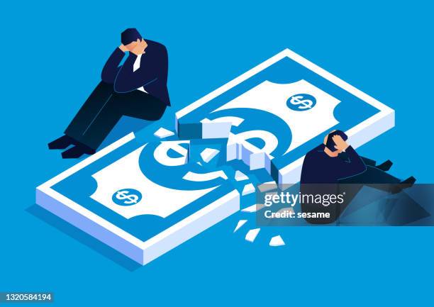 two distressed and desperate businessmen sitting beside broken banknotes, bankruptcy, financial crisis, and reduced economic income - problems stock illustrations