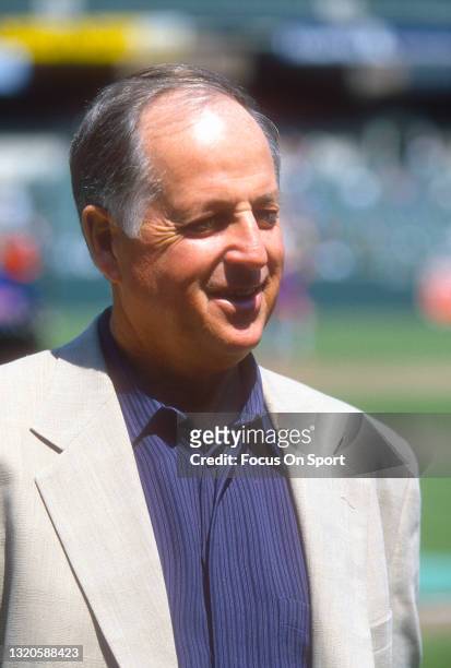 General Manager Pat Gillick of the Baltimore Orioles looks on prior to the start of a Major League Baseball game circa 1996 at Oriole Park at Camden...