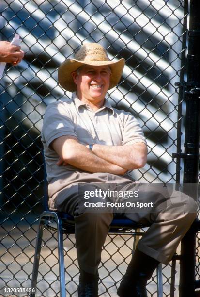 General Manager Pat Gillick of the Baltimore Orioles looks on during a Major League Baseball spring training game circa 1996. Gillick was the general...