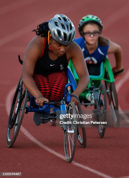 Lauren Fields competes in the Women's 800 Meter Run Wheelchair during the Desert Challenge Games at Westwood High School on May 28, 2021 in Mesa,...