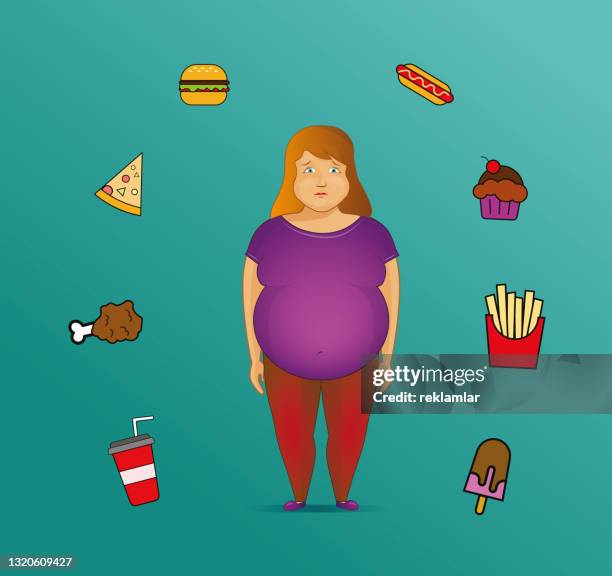 stockillustraties, clipart, cartoons en iconen met sad fat women. obese character. fat boy. cartoon vector illustration, young sad fat obesity  women. vector flat illustration character loss design. isolated on green background. - flat stomach