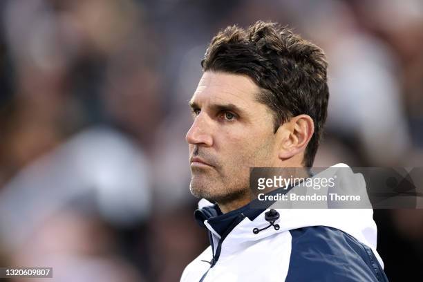 Bulldogs coach Trent Barrett looks on during the round 12 NRL match between the Penrith Panthers and the Canterbury Bulldogs at Panthers Stadium, on...