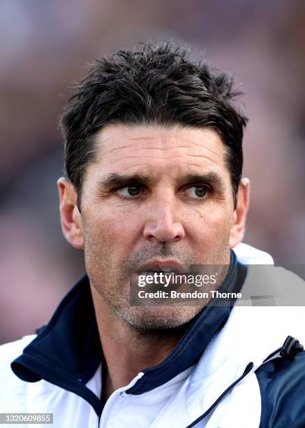 Bulldogs coach Trent Barrett looks on during the round 12 NRL match between the Penrith Panthers and the Canterbury Bulldogs at Panthers Stadium, on...