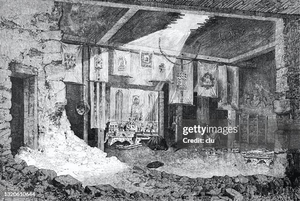 interior of a buddhist temple, sunbeam from the ceiling - altar stock illustrations