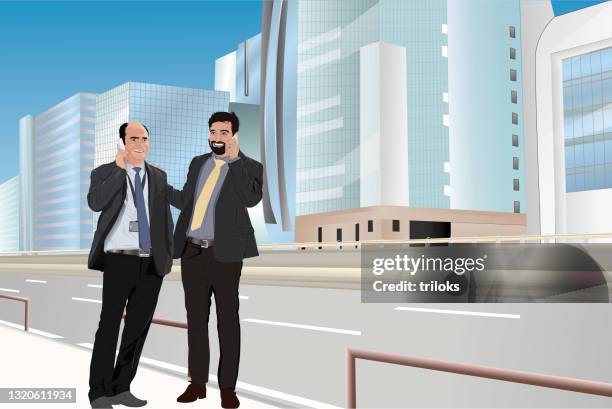 two businessmen using mobile phones outdoors - indian salesman stock illustrations