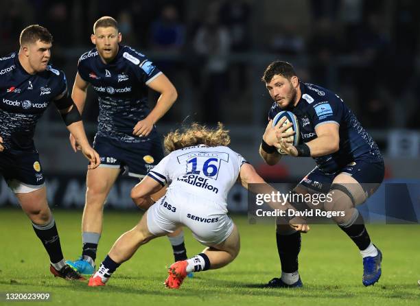 James Phillips of Sale Sharks takes on Harry Thacker during the Gallagher Premiership Rugby match between Sale Sharks and Bristol Bears at AJ Bell...