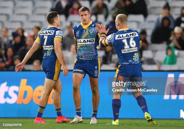 Jakob Arthur of the Eels celebrates after scoring a try during the round 12 NRL match between the South Sydney Rabbitohs and the Parramatta Eels at...