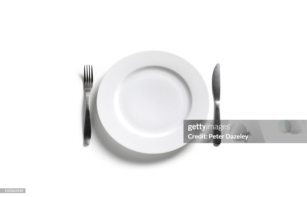 Empty dinner plate on white background