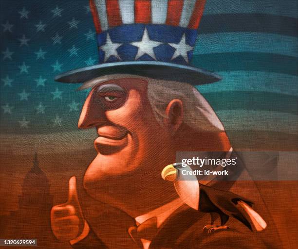 man in uncle sam costume gesturing thumbs up with bald eagle - political party animals stock illustrations