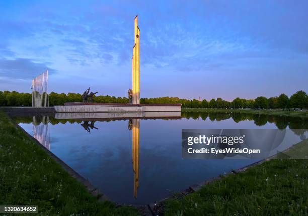 City view with the Monument to Soviet Army Soldiers in the Victory Park on May 22, 2021 in Riga, Latvia.