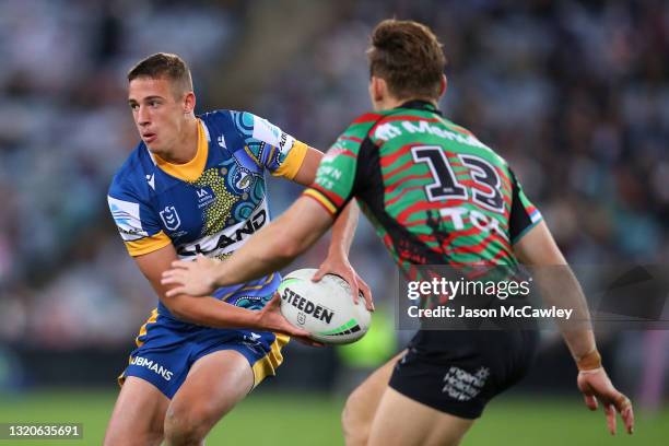 Jakob Arthur of the Eels passes during the round 12 NRL match between the South Sydney Rabbitohs and the Parramatta Eels at Stadium Australia, on May...