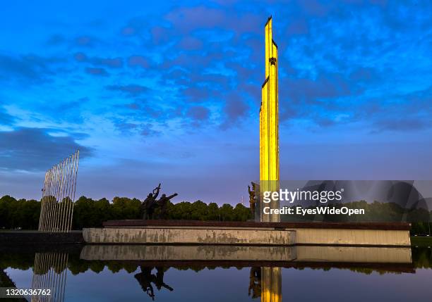 City view with the Monument to Soviet Army Soldiers in the Victory Park on May 22, 2021 in Riga, Latvia.