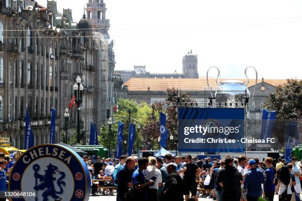 Chelsea Fans in the Fan Zone ahead of the UEFA Champions League Final between Manchester City and Chelsea at Estadio do Dragao on May 29, 2021 in...