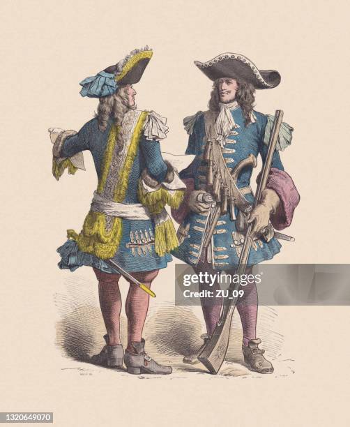 17th century, french officer and musketeer, hand-colored woodcut, published c.1880 - musketeer stock illustrations