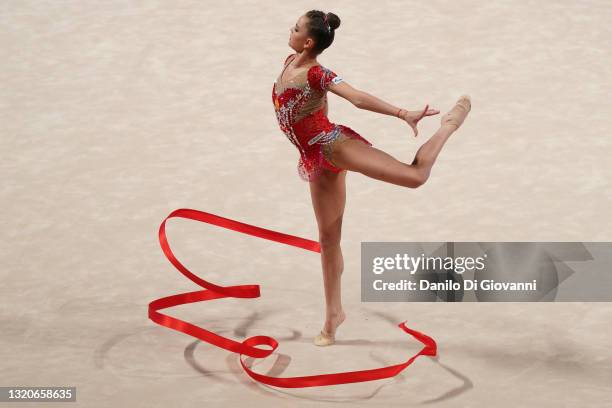 Dina Averina of Russia in ribbon exercise during the qualification day two of Rhythmic Gymnastics World Tour on May 29, 2021 in Pesaro, Italy.