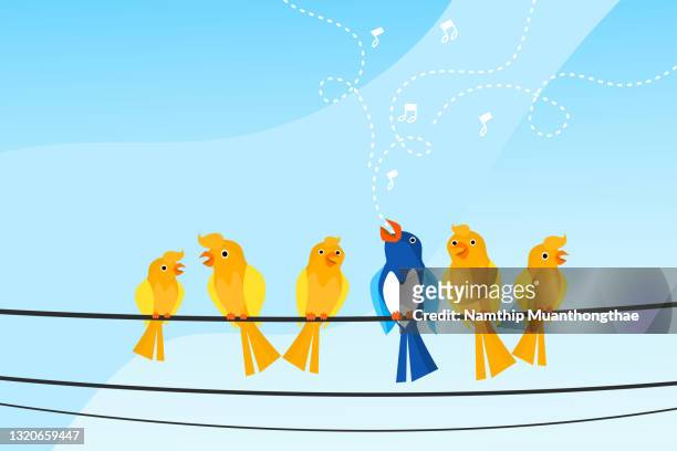 think differently illustration concept shows the different color of bird singing beautiful song among the same color of bird to make the symbol of brave of think out of box for creating the new innovation. - think differently stockfoto's en -beelden