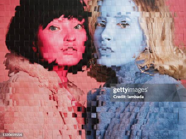 analog collage with portrait of two women - pixelated face stock pictures, royalty-free photos & images