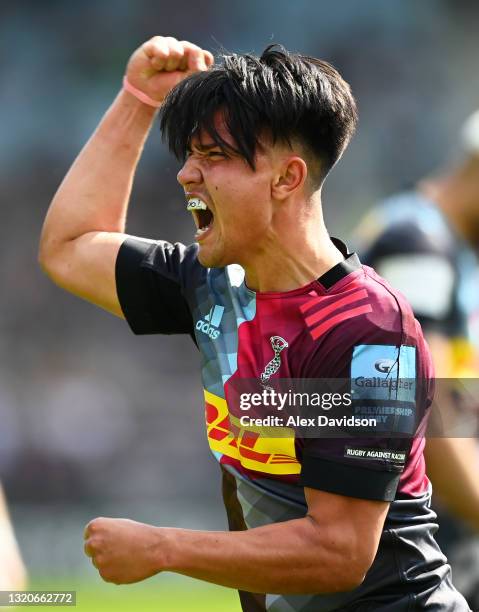 Marcus Smith of Harlequins celebrates their side's victory after the Gallagher Premiership Rugby match between Harlequins and Bath at Twickenham...