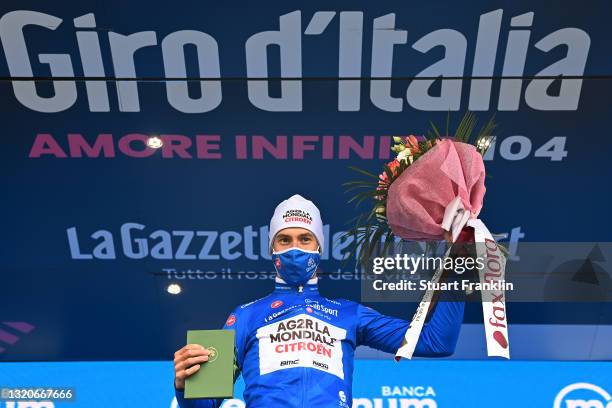 Geoffrey Bouchard of France and AG2R Citröen Team blue mountain jersey celebrates at podium during the 104th Giro d'Italia 2021, Stage 20 a 164km...
