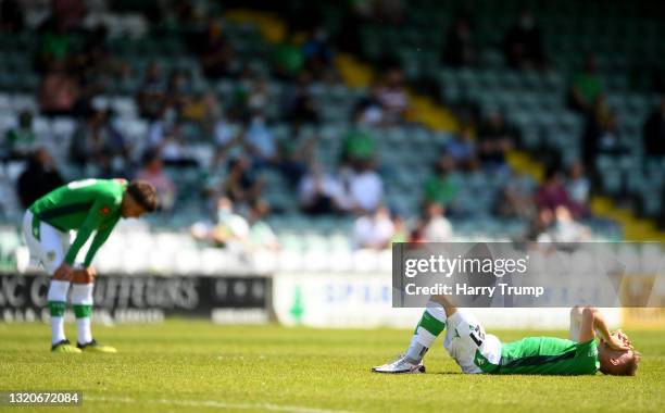 Tom Knowles of Yeovil Town cuts a dejected figure following the Vanarama National League match between Yeovil Town and Stockport County at Huish Park...