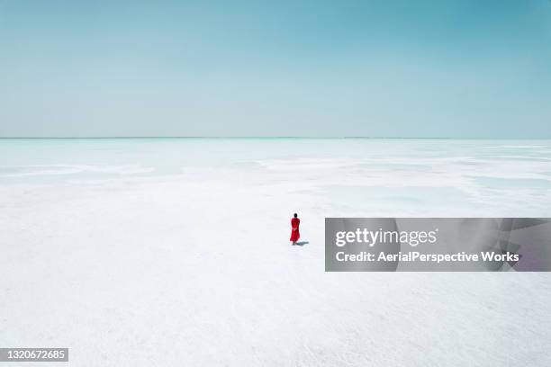 luftaufnahme der frau, die rotes kleid trägt und auf salt lake läuft - see salt lake stock-fotos und bilder