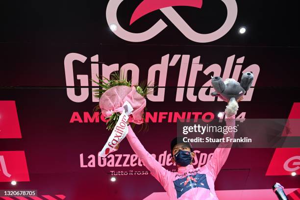 Egan Arley Bernal Gomez of Colombia and Team INEOS Grenadiers Pink Leader Jersey celebrates at podium during the 104th Giro d'Italia 2021, Stage 20 a...