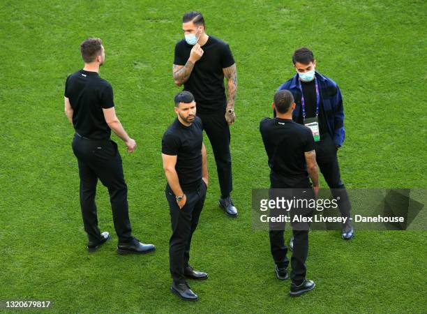 Sergio Aguero, Aymeric Laporte, Ederson Moraes, Eric Garcia and Gabriel Jesus of Manchester City arrive at the stadium ahead of the UEFA Champions...