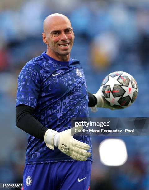 Willy Caballero of Chelsea warms up prior to the UEFA Champions League Final between Manchester City and Chelsea FC at Estadio do Dragao on May 29,...