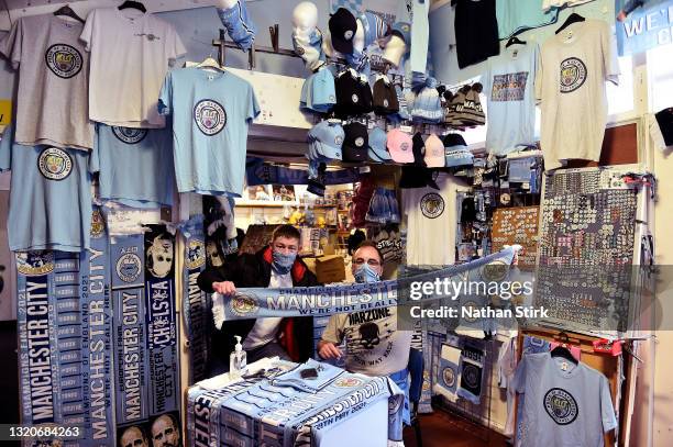 Manchester City fans at the Mary Ds Bar ahead of the UEFA Champions League Final between Manchester City and Chelsea on May 29, 2021 in Manchester,...