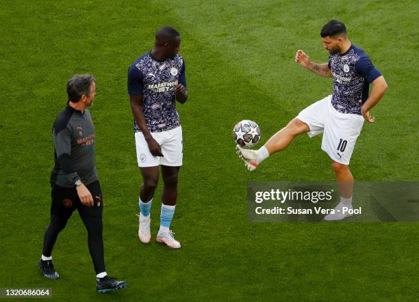Benjamin Mendy and Sergio Aguero of Manchester City warm up prior to the UEFA Champions League Final between Manchester City and Chelsea FC at...
