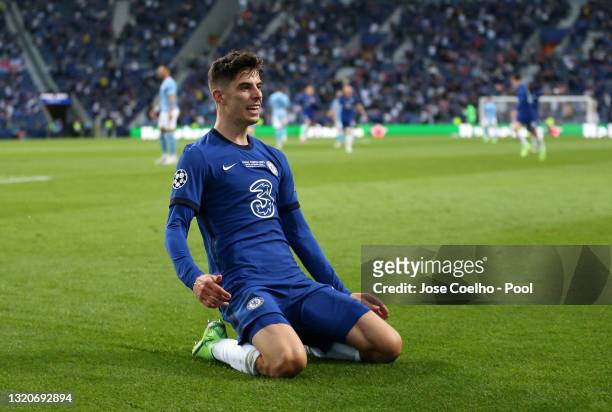 Kai Havertz of Chelsea celebrates after scoring their side's first goal during the UEFA Champions League Final between Manchester City and Chelsea FC...