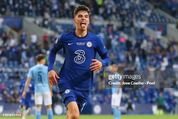 Kai Havertz of Chelsea celebrates after scoring their side's first goal during the UEFA Champions League Final between Manchester City and Chelsea FC...