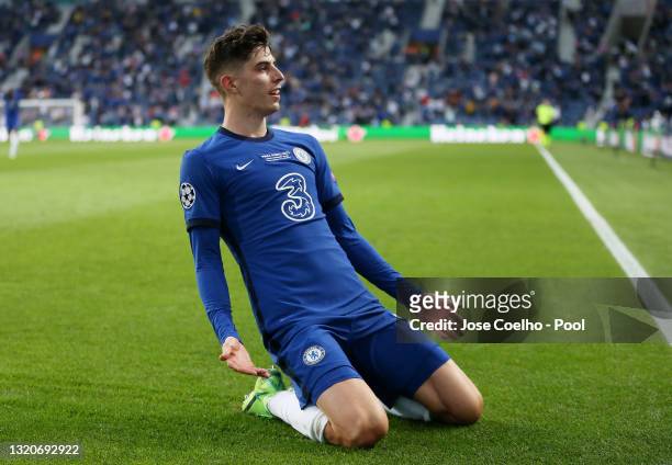 Kai Havertz of Chelsea celebrates after scoring their side's first goal during the UEFA Champions League Final between Manchester City and Chelsea FC...