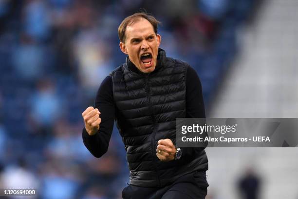 Thomas Tuchel, Manager of Chelsea celebrates after their side's first goal scored by Kai Havertz during the UEFA Champions League Final between...
