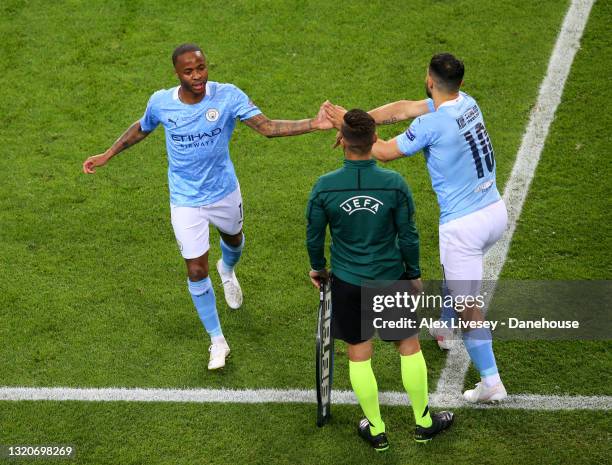 Sergio Aguero of Manchester City replaces Raheem Sterling of Manchester City after being substituted off during the UEFA Champions League Final...