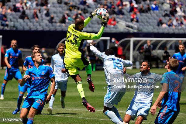 Clement Diop of CF Montreal catches the ball in the game against the Chicago Fire during the first half at Soldier Field on May 29, 2021 in Chicago,...