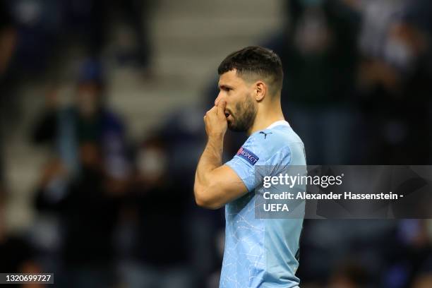 Sergio Aguero of Manchester City reacts on the final whistle during the UEFA Champions League Final between Manchester City and Chelsea FC at Estadio...