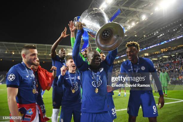 Ngolo Kante of Chelsea celebrates with the Champions League Trophy following their team's victory during the UEFA Champions League Final between...