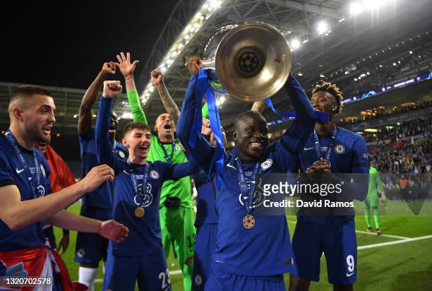 Ngolo Kante of Chelsea celebrates with the Champions League Trophy following their team's victory during the UEFA Champions League Final between...