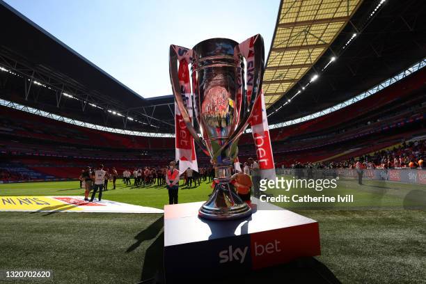 Giant replica trophy on the pitch after the Sky Bet Championship Play-off Final between Brentford FC and Swansea City at Wembley Stadium on May 29,...