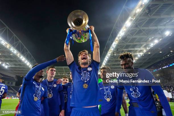 Marcos Alonso of Chelsea celebrates with the Champions League Trophy following their team's victory in the UEFA Champions League Final between...