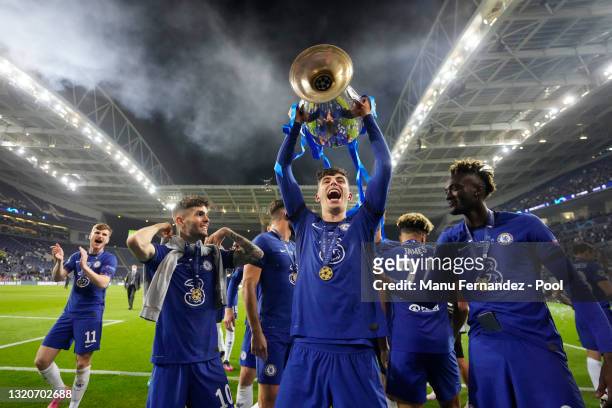 Kai Havertz of Chelsea celebrates with the Champions League Trophy following their team's victory during the UEFA Champions League Final between...