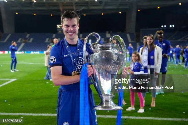 Cesar Azpilicueta of Chelsea celebrates with the Champions League Trophy following their team's victory in the UEFA Champions League Final between...