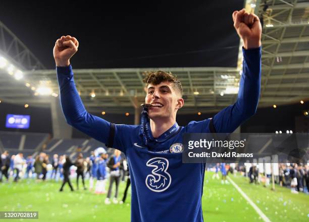 Kai Havertz of Chelsea celebrates with his winners medal following victory during the UEFA Champions League Final between Manchester City and Chelsea...