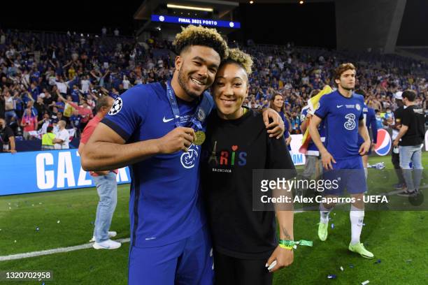 Reece James of Chelsea celebrates with his Sister, Lauren James following victory in the UEFA Champions League Final between Manchester City and...