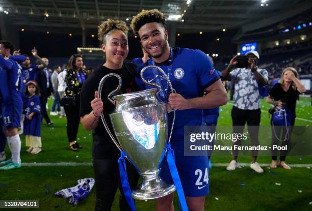 Reece James of Chelsea celebrates with the Champions League Trophy with his Sister, Lauren James following victory in the UEFA Champions League Final...