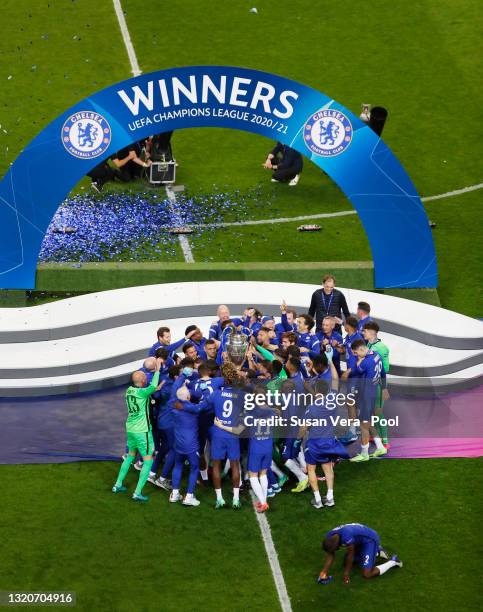 Players from Chelsea celebrate with the Champions League Trophy following their team's victory in the UEFA Champions League Final between Manchester...