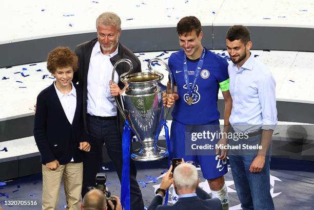 Chelsea FC owner, Roman Abramovich and Cesar Azpilicueta of Chelsea celebrate with the Champions League Trophy after winning the UEFA Champions...