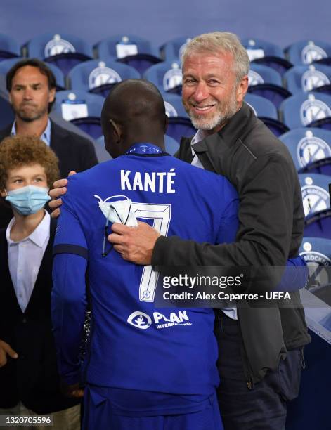 Chelsea FC owner, Roman Abramovich celebrates with N'Golo Kante of Chelsea after winning the UEFA Champions League Final between Manchester City and...
